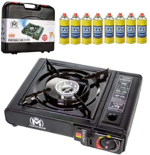 Portable Gas Cooker Stove with 8 Butane Canisters and Carry Case, Lightweight, Compact Outdoor Camping Stove, Premium Burner, Automatic Ignition (8)