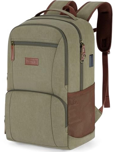 Tzowla Canvas Laptop College Rucksack Damen und Herren,Uni Arbeits Vintage Reiserucksack mit USB/Typ-C Ladeanschluss,Leichter Büchertasche,Wander Tagesrucksack für 15,6 Zoll Notebook-Grün