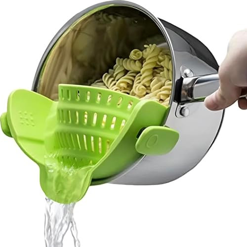 1pc,Silicone Pot Strainer, Adjustable Snap On Strainer for Pots Pans and Bowls-Hand Held Pot Drainer, Food Strainers, Essential Kitchen Finds and Cooking Tool-Easy to Use, Space-Saving Design, Green