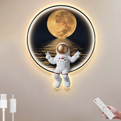 LOGT LED Astronaut Wandleuchte Innen Mond Wandlampe mit Fernbedienung Dimmbar Wandbeleuchtung Schalter und Stecker USB Kinderzimmer Lampe Wand Runde Deko Nachttischlampe für Jungen Mädchen,40CM