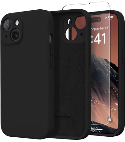 SuydanBox Magnetische Hülle für iPhone 15 Plus, [Vollständiger Kameraschutz][Displayschutzfolie] Stoßfeste Silikon-Schutzhülle für iPhone 15 Plus 6,7 Zoll, Schwarz