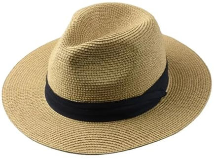 Mnjyihy Sombreros de verano para hombre, talla grande, sombrero de paja estilo fedora de paja para playa, caqui, XL 61-64cm