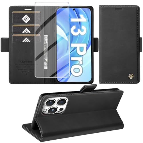 Giyer Cover per iPhone 13 Pro Custodia con Vetro Temperato, Premium PU Portafoglio Slot per Scheda RFID Antifurto Funzione Supporto Flip Case, Antiurto per iPhone 13 Pro 5G Cover (Nero)