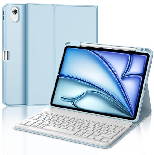 IVEOPPE Clavier iPad Air 11 Pouces M3/M2 (2025/2024), Coque Clavier AZERTY Français, Étui Clavier Détachable sans Fil Bluetooth pour iPad Air 11 M2 2024/M3 2025 11 Pouces, Bleu Ciel