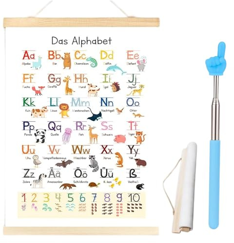 BbiuRer ABC Poster für Kinder, Alphabet Poster und ABC Poster für das Kinderzimmer, Kindergarten und Vorschule, Mit 30x40 cm Poster und 21,5-69,5 cm Teleskopstab