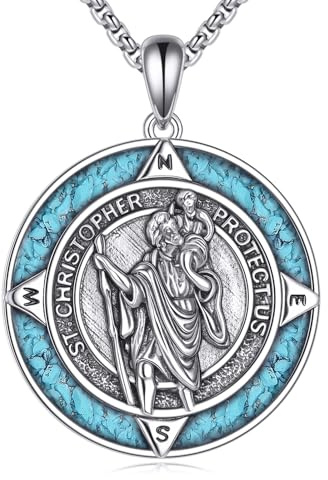 Saint Christopher Halskette 925 Sterling Silber St Christophorus Türkis Anhänger St Christophorus Medaille Schmuck Amulett Schutz Religiöse Geschenke für Männer Männliche Damen Frauen Mütter Liebhaber
