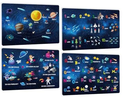 4ER Set - Lern Tischset Abwaschbar Kinder - Weltraum Platzsets Schule Junge - Unser Sonnensystem Platzdeckchen - Deutsch ABC Alphabet Zahlen und Affirmations mit Astronaut - rutschfest - DIN A3