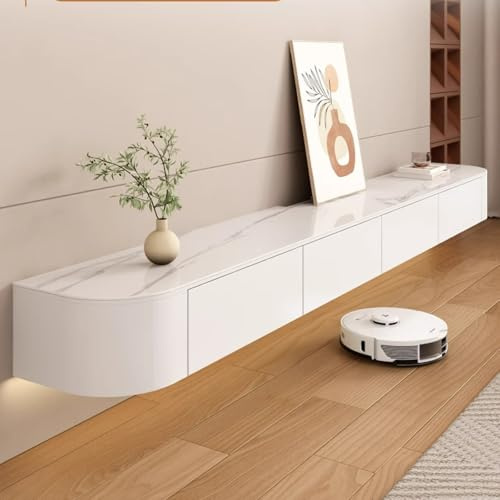 Modern Wall-Mounted TV Unit, 240 cm Wide, Stylish Living Room Furniture in White & Sintered Stone, Space-Saving Design for Contemporary Homes