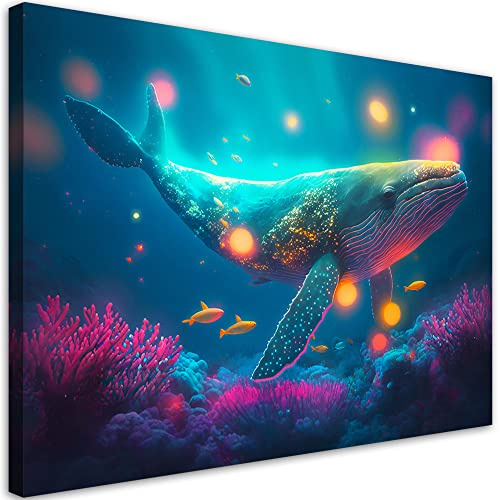 Feeby Bilder Wal Neon Meer Fisch 115x75 cm 1 tlg Modern Leinwandbilder Bild auf Leinwand Kunstdruck Wand Bild Wanddeko Design Schlafzimmer Büro Flur Hotel Spa Wohnzimmer Natur Tier Wasser mehrfarbig