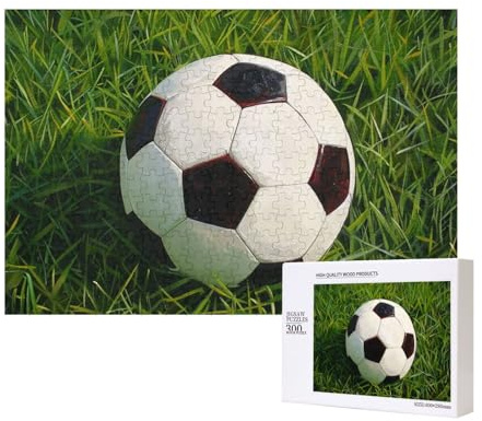 300 Teile Puzzle mit Aufbewahrungsbox, Fußball auf Gras, bedrucktes Holzpuzzle 40 x 28 cm, für Erwachsene, Kinder, Familie, lustiges dekoratives Spiel