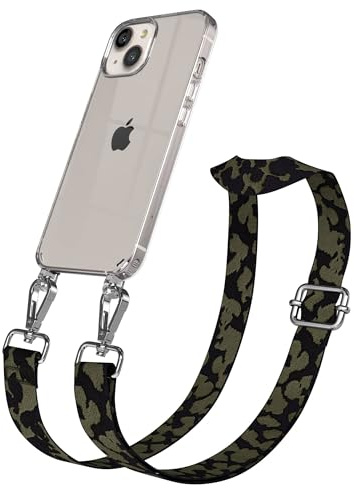 EAZY CASE Handykette - Verstellbares Taschenband kompatibel mit iPhone 13, Schulterriemen, Handykordel mit Silikon Hülle, Umhängetasche, Dunkelgrün Camouflage Silber