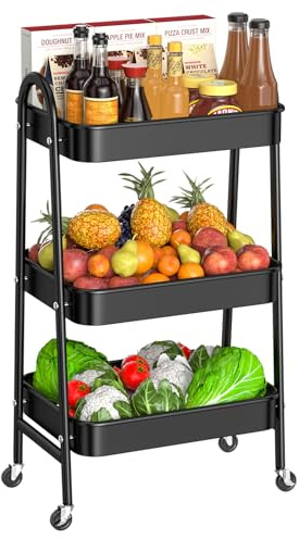 Homshsjhkis Carrello Cucina, Carrellino con Ruote Portatutto a 3 Livelli, Porta Detersivi Salvaspazio con 2 Freni Manici, Carrello Mobile, Struttura in Metallo, Facile Montaggio per Soggiorno, Nero