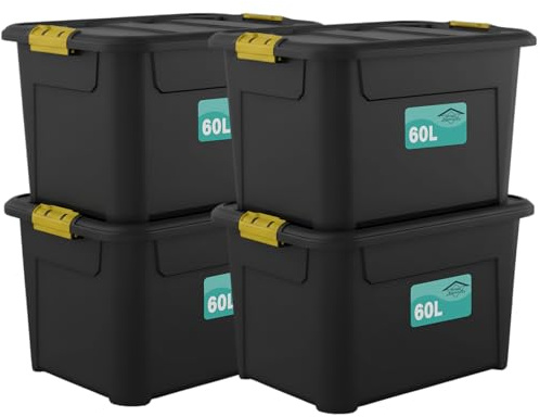 Pack Of 4 Plastic Storage Boxes Black, Heavy Duty Multi-Purpose Indoor & Outdoor Stackable Strong Container Lid Yellow Lock Clip Handles Home, Office School Arts & Crafts Nestable (60 Litre)