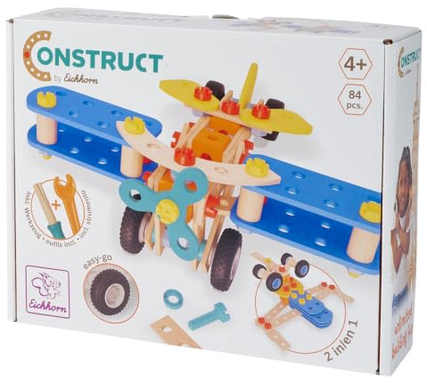 Eichhorn Construct Doppeldecker - 84-teiliges 2-in-1 Konstruktionsspielzeug zur Förderung von Feinmotorik und Technikverständnis, kombinierbar mit Allen Sets, FSC-zertifiziertes Holz, ab 4 Jahren