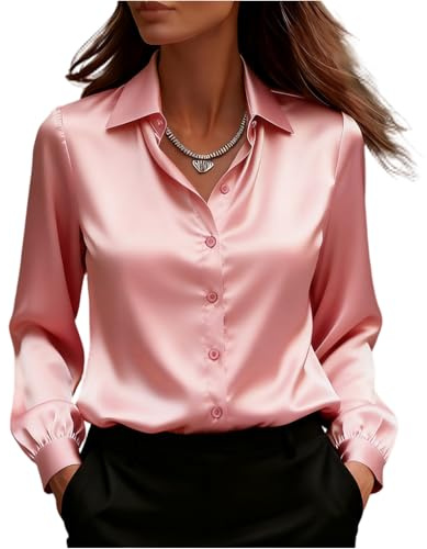 Chemisier Satin Femme,à col en V La Soie Élégante Blouse Chic Manches Longues Chemise Boutons Ample à Manches Longues Chemisier de Soirée Business Top