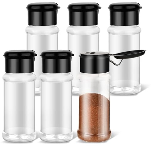 TIESOME 6 Pcs Plastic Spice Jars with Shaker Lids, 3 oz (Black Lid) | Clear Seasoning Containers, for Spice Rack, Drawer, Cabinet Storage