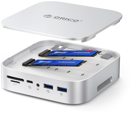 ORICO MiniRaid Dual NVMe/SATA Dock para Mac Mini M4/M4 Pro 10-en-1 USB-C Hub con HDMI 4K60Hz 10Gbps USB C USB A PD60W SD/TF Card Reader RJ45 1000Mbps Doble SSD para Photographers Video Editors MR10