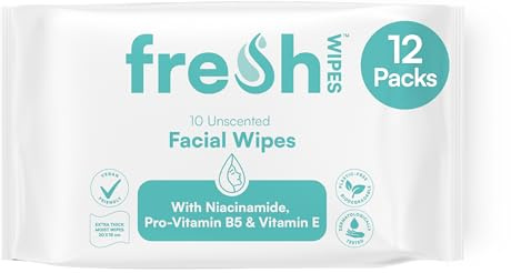FreshWipes Facial Wipes for Adults 12 Pack (120 Wipes) - Unscented - Biodegradable Wet Wipe - Dermatologically Tested & Infused with Niacinamide, Pro-Vitamin B5, and Vitamin E