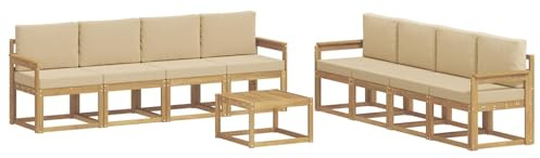 vidaXL Outdoor-Sofagarnitur mit Kissen 9 pcs Weiß und Beige, Moderner Garten-Sofaset, stilvolle Sitzgelegenheit, Akazie Holz Möbel, bequemer Lounge, wetterfest