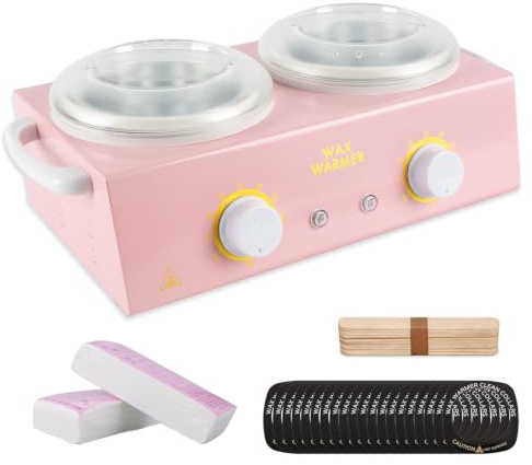 Professional Dual Wax Heater, 220V 200W Wax Heater, 1000ml Wax Pot Warmer | Wax Warmer for Hair Removal,20 Sticks & 20 Collars &100 Wax Strips, for Salon, Spa & Home Use (Pink)