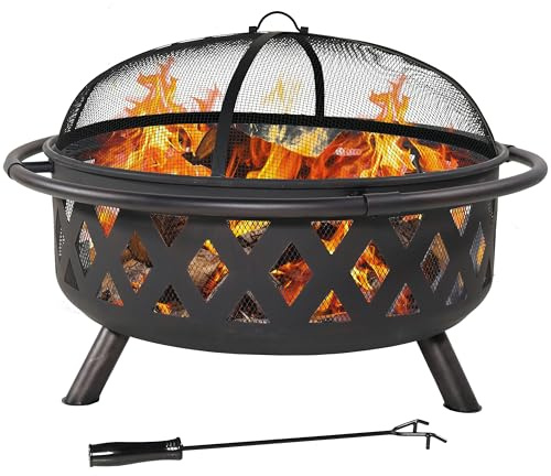 Sunnydaze Crossweave Outdoor Fire Pit - Wood-Burning Fire Pit for Outside with Spark Screen, Poker and Round Cover - 36-Inch - Black
