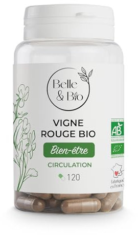 CIRCULATION & JAMBES LOURDES - Vigne Rouge certifiée Bio120 gélules - Cure 1 mois - Active la circulation - Fabriqué en France