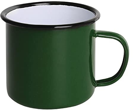 Olympia Enamelled Steel Mugs 350ml (Pack of 6), Green & Black | Adds retro charm to table settings with an ovenproof, dishwasher-safe design that resists heat and chemicals.