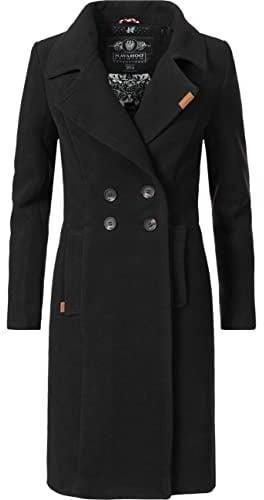Navahoo Damen Mantel in Wollmantel-Optik langer Trenchcoat mit Reverskragen Wooly Schwarz Gr. M