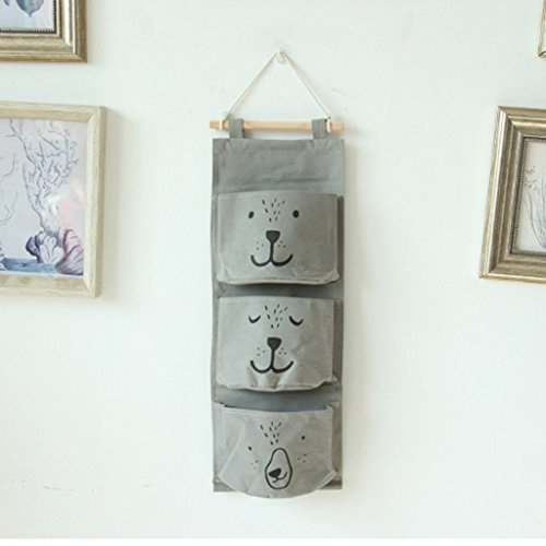 Storage Bag Organiser for Hanging with 3 Pockets Childrens Room Living Room Bear (Grey)