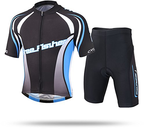 LSHEL Kinder Jungen Radtrikot Set Mädchen Fahrrad Trikot Kurzarm und Radhose mit Sitzpolster Radsport Anzüge, Schwarz blau, 122/128(Herstellergröße: L)