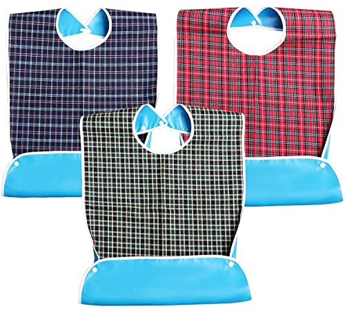 kuou Adult Bibs, Adult The Eldly Bib Adult Washable Dining Bibs for Elderly （3 Pack,Red,Green,Blue）