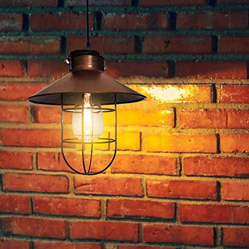 FONDUO Vintage Solar Hanging Outdoor Lights, Antique Garden Iron Decorative Lanterns, Warm Light LED Hurricane Oil Lamp, Smart Waterproof (Height 35cm)