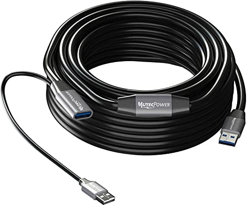 MutecPower 15m Cable de extensión USB 3.0 activo Macho a Hembra cordon repetidor USB A con 2 amplificador y fuente de alimentación USB - Negro 15 metros - Compatible con laptop, HDD, Xbox, PS4, VR etc