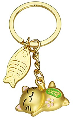 LinaLife Metall Maneki Neko Lucky Cat Schlüsselanhänger Ring Ornamente Anhänger Lucky Gold Kitty Feng Shui Maneki Neko Glückskatze Schlüsselanhänger Ring für Reichtum Glück Urlaub Geburtstagsgeschenk,