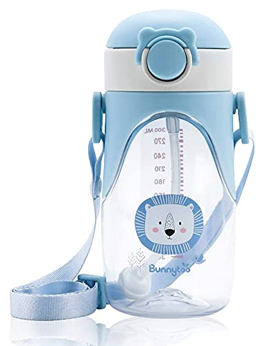 Bunnytoo Niños Botella Agua, Sin Fugas,Botella de Agua Niños y Niñas Sin BPA Tritan Botella de Agua Deporte con Pajita y Correa para Infantil, Escuela, Corrida, Senderismo y Actividades al Aire-Azul