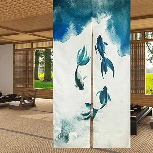 LIGICKY Traditioneller Chinesischer Stil Vorhang, Tuschemalerei Dick Noren Lang Vorhang Tür Vorhang Raumteiler Tapisserie für die Heimtextilien 85x180cm, Weiß und Tintenfarbe (Fisch)