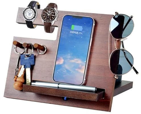 1STKER Geschenke für Männer Nachttisch Organizer Holz Telefon Dockingstation Geschenk Papa Geburtstagsgeschenk für Männer Handy Schlüssel Organizer Weihnachten Mann