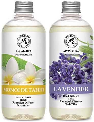 Raumduft Diffuser Nachfüller Monoi de Tahiti & Lavendel 1L - 2x500ml - Nachfüller Set für Duftdiffusor - Reed Diffuser Refill - Raumbeduftung - Zimmerduft - Diffuser Nachfüllen - Raumluft