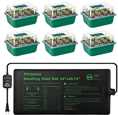VIVOSUN 6er-Set Anzuchtset mit 72-Zellen-Saatgutschalen & Feuchtigkeitskuppel, inklusive 25,4×52,7 cm Pflanzen-Heizmatte, Wiederverwendbare Setzling-Schalen für Zimmerpflanzen, Gewächshaus & Garten