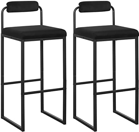 WOLTU 2X Barhocker mit Fußstütze, Hochstuhl mit Rückenlehne, Samt Polsterhocker aus Metall, ergonomischer Hocker, Schwarz BH343sz-2