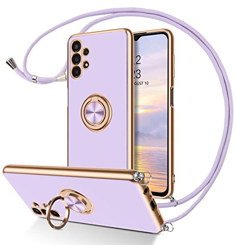 DUEDUE für Samsung A13 Hülle mit Band 4G, Handykette Samsung A13 Handyhülle mit Band 360 Grad Ring Stoßfeste Schutzhülle Soft Silikon TPU für Samsung Galaxy A13 Hülle Mit Ring 4G Lila 6.6''