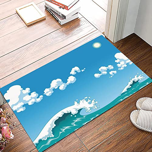 Badematte 50x80cm, Rutschfeste Badteppich, Cartoon, Blautöne Welle Meer Bild Offener Himmel Niedliche kleine Wolken Glück,Mikrofaser Badvorleger mit, Wasserabsorbierende Weiche teppiche für Badezimmer