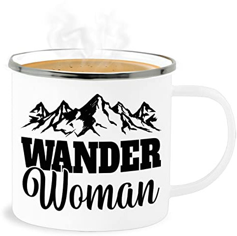 Emaille Becher Blechbecher - Deko Tasse Hobby - Wander Woman - Geschenk für Wanderin - 300 ml - Weiß Silber - berg emaille-tasse berge emaillebecher wandern tassen wanderer kaffeebecher statement