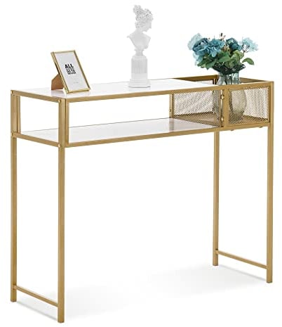 M MCombo Konsolentisch Schmal Marmor Gold, Modern Beistelltisch mit 2 Ablage & Metallgestell, Eingangstisch für Flur Wohnzimmer Schlafzimmer, 110×40×90cm, 2276