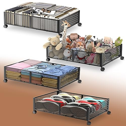Innotic Unterbett Aufbewahrungsbox mit Rädern, Große Unterbettkommode Aufbewahrungstasche, Metall unterbett aufbewahrung Unterbettbox Organizer (4 Stück)