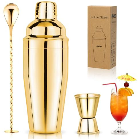 708 ml Cocktail Shaker Set Martini Shaker Set Bartender Set med Margarita Mixer Drink Shaker, Mätjigger och blandsked – professionella 18/8 rostfria barverktyg för blandade drycker (guld)