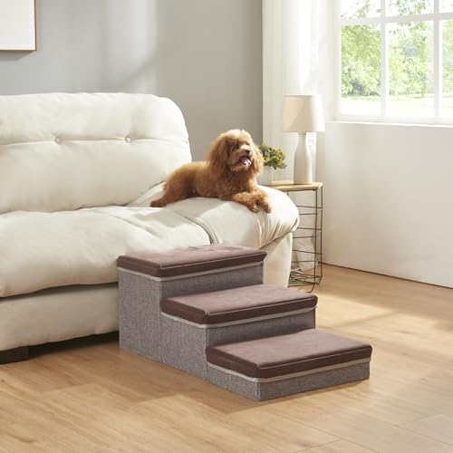 [en.casa] Hundetreppe Vojens Hunderampe für kleine Hunde 3-stufig Haustierleiter für Bett und Sofa klappbar Katzentreppe 30 cm hoch 75 x 40 x 30 cm Braun/Grau