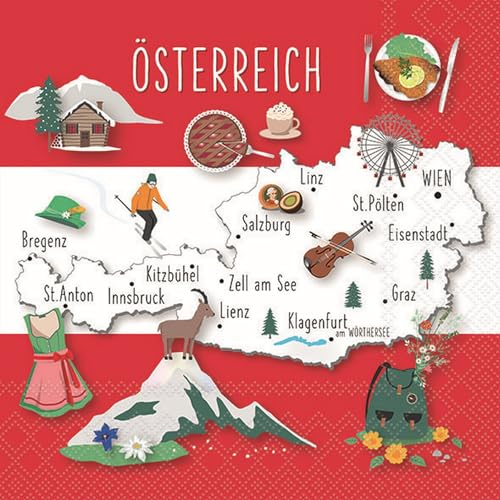 20 Servietten Städte & Länder Östereich´s schönste Seiten als Tischdeko. Papierservietten mit Motiv. Auch für Decoupage und Serviettentechnik 33x33cm