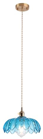 NICRX Lámpara colgante de cristal de loto, iluminación Industrial Vintage de 25cm, lámpara colgante de luz, lámpara colgante de techo con acabado de latón E27 (Azul)