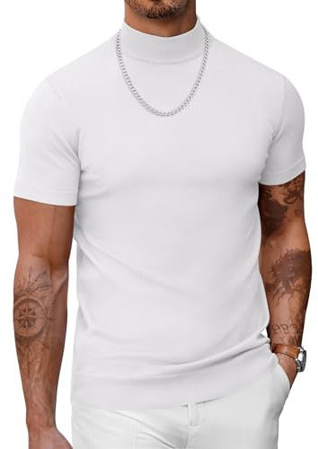 COOFANDY T-Shirt Col Montant Homme Manches Courtes - Haut Tricoté Élastique Été Coupe Slim